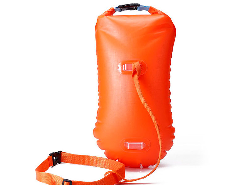 Custom swim buoy details with waist belt leash valve and logo options